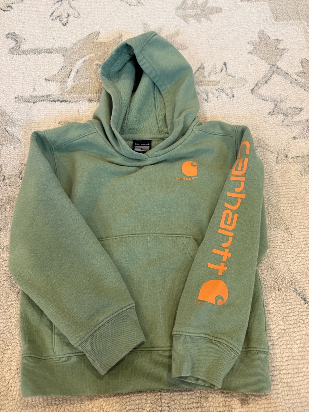 Carhartt Men's Sage Green Crewneck Hoodie with Orange Logo Sleeve